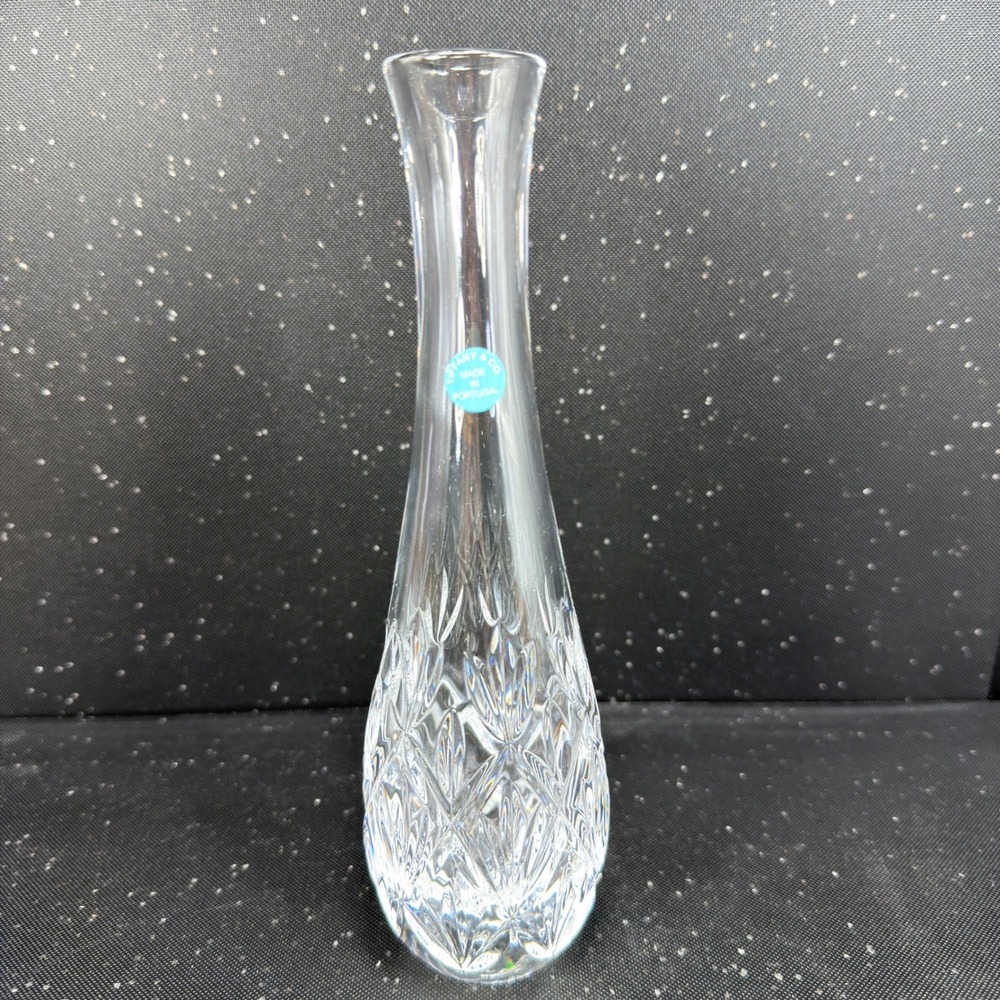 Tiffany & Co Crystal Sybil Vase Diamond Cut Pattern Made in Portugal 8 Inch